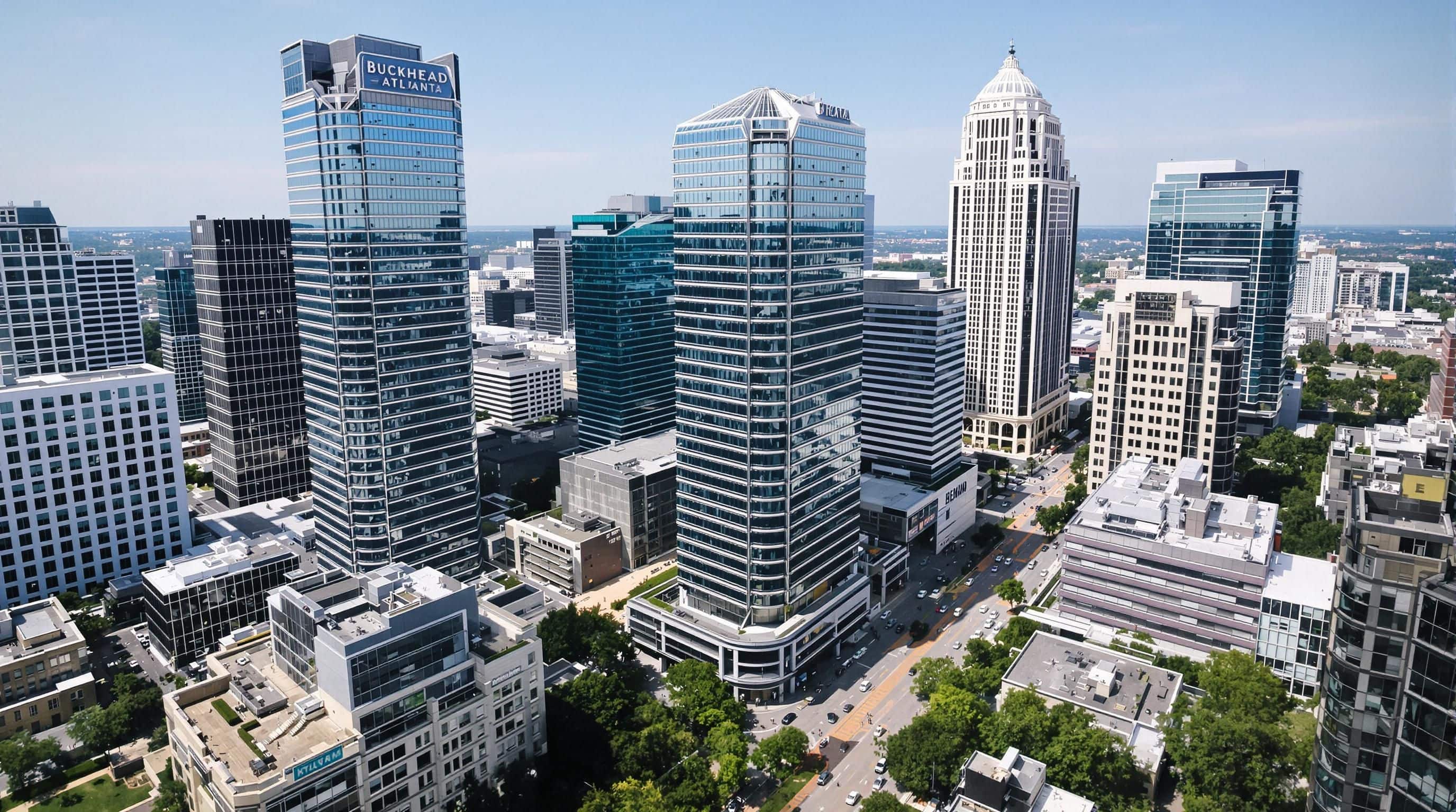 Drone view of Buckhead Atlanta office skyscrapers and cityscape