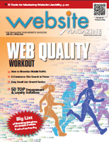 Cover of Website Magazine featuring the headline “WEB QUALITY WORKOUT” in large white and yellow text. Silhouettes of people running through digital code evoke social dynamics. Subheadings and a red burst highlighting a "Big List" of usability resources are also visible.