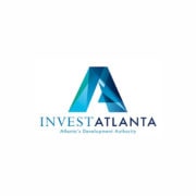 A blue geometric "A" logo with gradient shades sits above the words "INVEST ATLANTA" in blue capitals, linking to Startup Atlanta; below, smaller text reads: "Atlanta’s Development Authority." The design is centered on a white background.