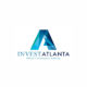 A blue geometric "A" logo with gradient shades sits above the words "INVEST ATLANTA" in blue capitals, linking to Startup Atlanta; below, smaller text reads: "Atlanta’s Development Authority." The design is centered on a white background.