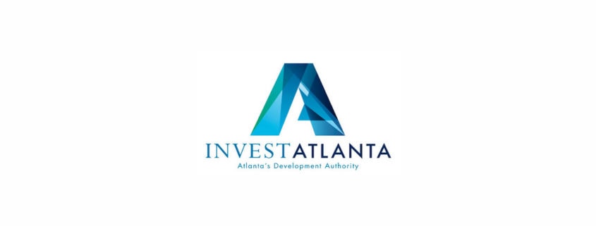 A blue geometric "A" logo with gradient shades sits above the words "INVEST ATLANTA" in blue capitals, linking to Startup Atlanta; below, smaller text reads: "Atlanta’s Development Authority." The design is centered on a white background.