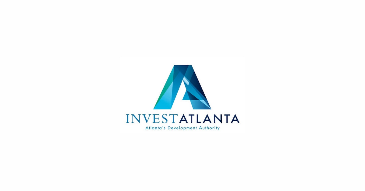 A blue geometric "A" logo with gradient shades sits above the words "INVEST ATLANTA" in blue capitals, linking to Startup Atlanta; below, smaller text reads: "Atlanta’s Development Authority." The design is centered on a white background.