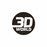 A bold, black circle contains the white text “3D WORLD.” “3D” is large and stylized with sharp edges, while “WORLD” is smaller and right-aligned below—capturing the cutting-edge feel of 3D technology against a clean, white background.