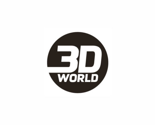 A bold, black circle contains the white text “3D WORLD.” “3D” is large and stylized with sharp edges, while “WORLD” is smaller and right-aligned below—capturing the cutting-edge feel of 3D technology against a clean, white background.