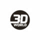 A bold, black circle contains the white text “3D WORLD.” “3D” is large and stylized with sharp edges, while “WORLD” is smaller and right-aligned below—capturing the cutting-edge feel of 3D technology against a clean, white background.