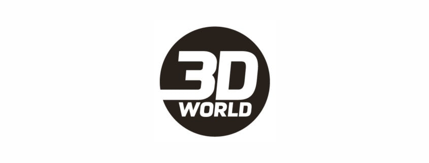 A bold, black circle contains the white text “3D WORLD.” “3D” is large and stylized with sharp edges, while “WORLD” is smaller and right-aligned below—capturing the cutting-edge feel of 3D technology against a clean, white background.