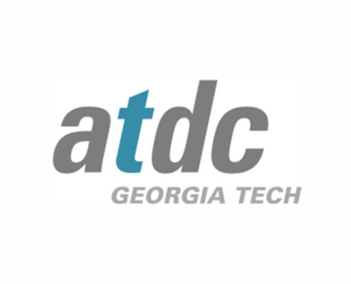 The image shows the ATDC Georgia Tech logo, a hub for startup funding. The letters "atdc" are in lowercase, with "t" in blue and the rest in gray. Below, "GEORGIA TECH" appears in uppercase gray on a white background.