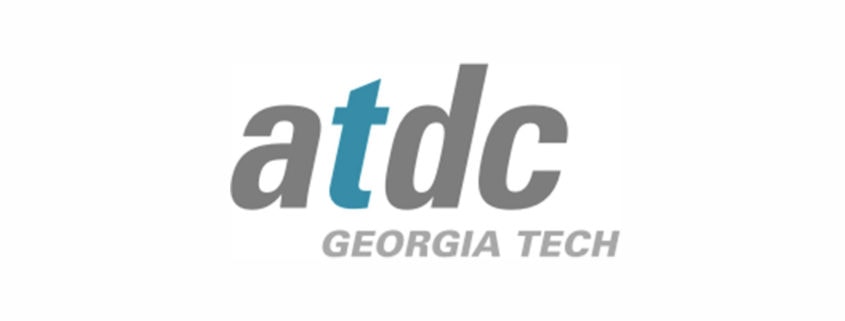 The image shows the ATDC Georgia Tech logo, a hub for startup funding. The letters "atdc" are in lowercase, with "t" in blue and the rest in gray. Below, "GEORGIA TECH" appears in uppercase gray on a white background.