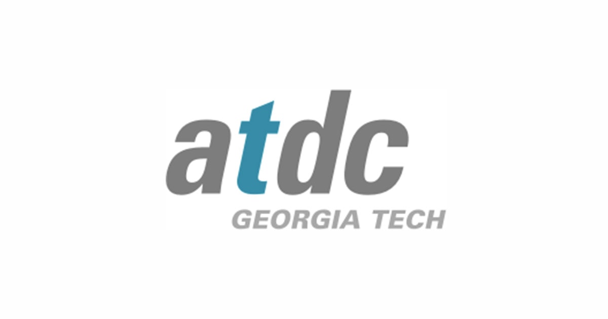 The image shows the ATDC Georgia Tech logo, a hub for startup funding. The letters "atdc" are in lowercase, with "t" in blue and the rest in gray. Below, "GEORGIA TECH" appears in uppercase gray on a white background.