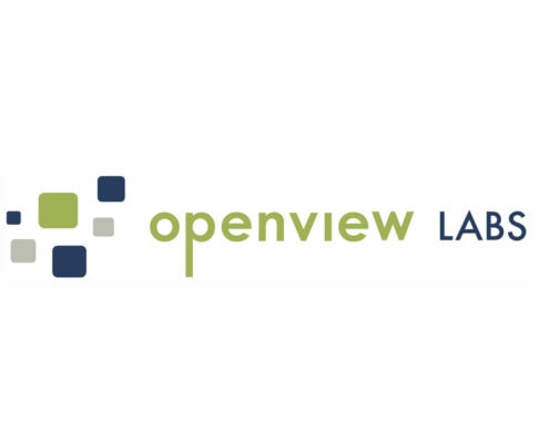 The OpenView Labs logo features the words "openview LABS" with "openview" in light green and "LABS" in dark blue. To the left are four overlapping squares in green, blue, and gray tones, arranged in a loose grid pattern. The background is white.