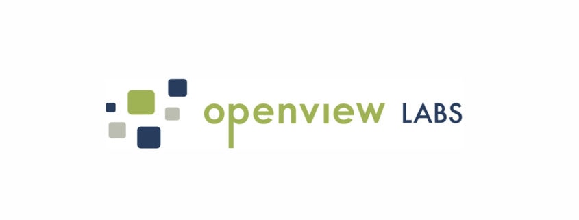The OpenView Labs logo features the words "openview LABS" with "openview" in light green and "LABS" in dark blue. To the left are four overlapping squares in green, blue, and gray tones, arranged in a loose grid pattern. The background is white.