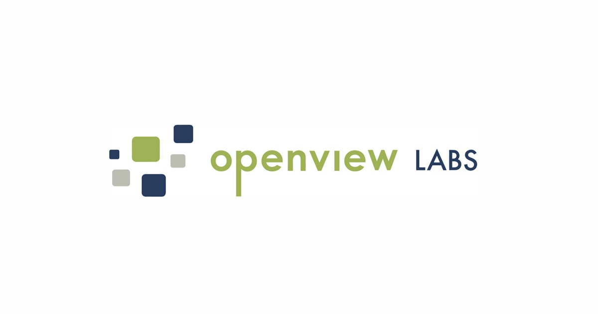 The OpenView Labs logo features the words "openview LABS" with "openview" in light green and "LABS" in dark blue. To the left are four overlapping squares in green, blue, and gray tones, arranged in a loose grid pattern. The background is white.