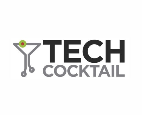Logo for "TECH COCKTAIL" featuring bold black and gray text. To the left, a martini glass formed from circuit board lines symbolizes healthy communications—central to success—with a green and red olive garnish at the top. White background.