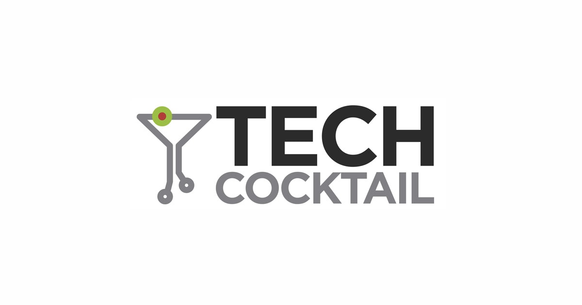 Logo for "TECH COCKTAIL" featuring bold black and gray text. To the left, a martini glass formed from circuit board lines symbolizes healthy communications—central to success—with a green and red olive garnish at the top. White background.