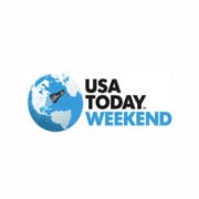 Logo for USA TODAY WEEKEND features a blue globe showing Europe, Africa, and part of Asia with a black newspaper icon over the Atlantic. To the right, bold black text reads “USA TODAY.” Below, “WEEKEND” is in blue uppercase letters. White background.