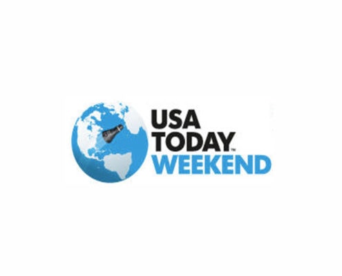 Logo for USA TODAY WEEKEND features a blue globe showing Europe, Africa, and part of Asia with a black newspaper icon over the Atlantic. To the right, bold black text reads “USA TODAY.” Below, “WEEKEND” is in blue uppercase letters. White background.