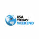 Logo for USA TODAY WEEKEND features a blue globe showing Europe, Africa, and part of Asia with a black newspaper icon over the Atlantic. To the right, bold black text reads “USA TODAY.” Below, “WEEKEND” is in blue uppercase letters. White background.