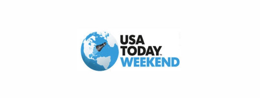 Logo for USA TODAY WEEKEND features a blue globe showing Europe, Africa, and part of Asia with a black newspaper icon over the Atlantic. To the right, bold black text reads “USA TODAY.” Below, “WEEKEND” is in blue uppercase letters. White background.