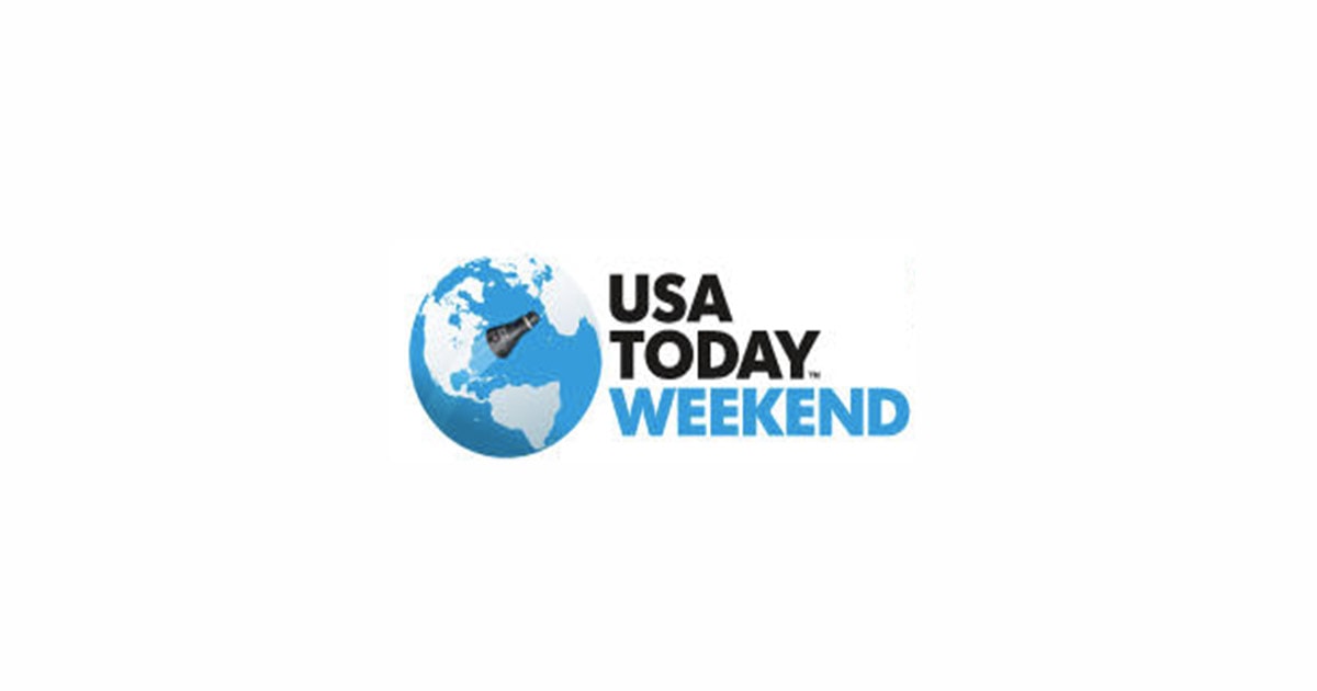 Logo for USA TODAY WEEKEND features a blue globe showing Europe, Africa, and part of Asia with a black newspaper icon over the Atlantic. To the right, bold black text reads “USA TODAY.” Below, “WEEKEND” is in blue uppercase letters. White background.