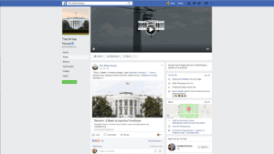 White House Facebook post Made in America Week - Navarro article 9b A Facebook page for The White House is displayed. The cover photo shows the White House logo with a helicopter above it. Posts feature events like the Made in America Roundtable, photos, and a post linking to a news article appear on the side.