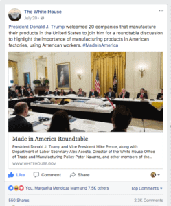White House Tweet - Made in America Roundtable - Margarita Mendoza and Kurt Uhlir in picture 10a A large group of people sit around a rectangular conference table in a grand, ornate room with gold curtains and American flags, participating in a Made in America roundtable with microphones and documents on the table.