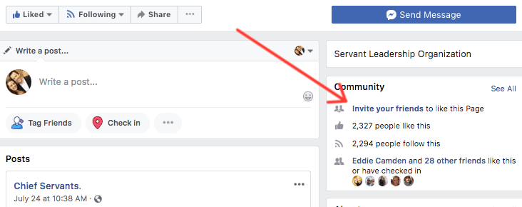 A Facebook page for "Servant Leadership Organization" is shown. A red arrow highlights the "Invite your friends to like this Page" option in the Community section. The page promotes servant leadership and displays follower counts with standard Facebook menu options.