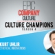 Promotional graphic for "Epic Company Culture: Culture Champions Season 4." Episode 094 spotlights company culture with Kurt Uhlir from Ethereal Innovations, shown smiling in a circular photo. The design uses white, gray, black, red, and blue tones.