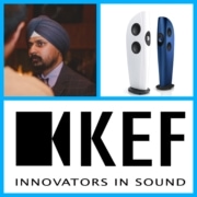 A collage: Top left, Dipinjeet Sehdev—a man in a turban and suit—looks left; top right, two modern speakers; bottom, the black "KEF" logo above "INNOVATORS IN SOUND," all on a white background with a blue border.
