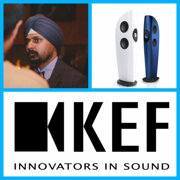 A collage: Top left, Dipinjeet Sehdev—a man in a turban and suit—looks left; top right, two modern speakers; bottom, the black "KEF" logo above "INNOVATORS IN SOUND," all on a white background with a blue border.