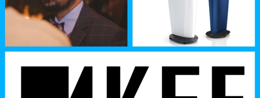 A collage: Top left, Dipinjeet Sehdev—a man in a turban and suit—looks left; top right, two modern speakers; bottom, the black "KEF" logo above "INNOVATORS IN SOUND," all on a white background with a blue border.