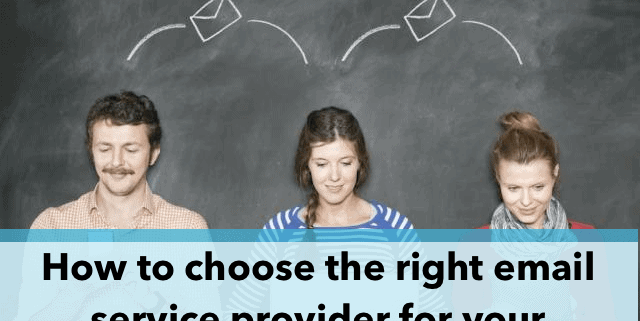 Three people stand in front of a chalkboard with envelope icons above their heads. Below them, a blue banner reads: "How to choose the right email service provider for your e-commerce marketing.