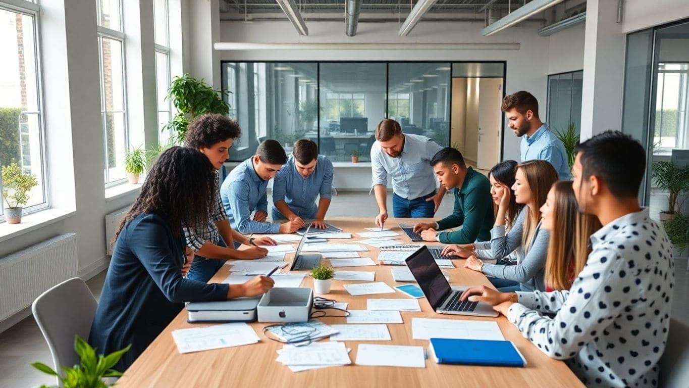 Collaborative office setting focused on team alignment and innovation.