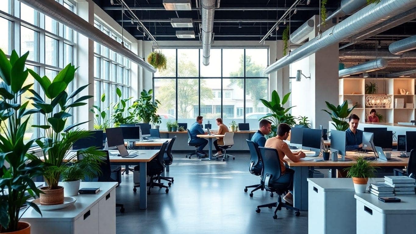 Modern office setting promoting collaboration and systems thinking.