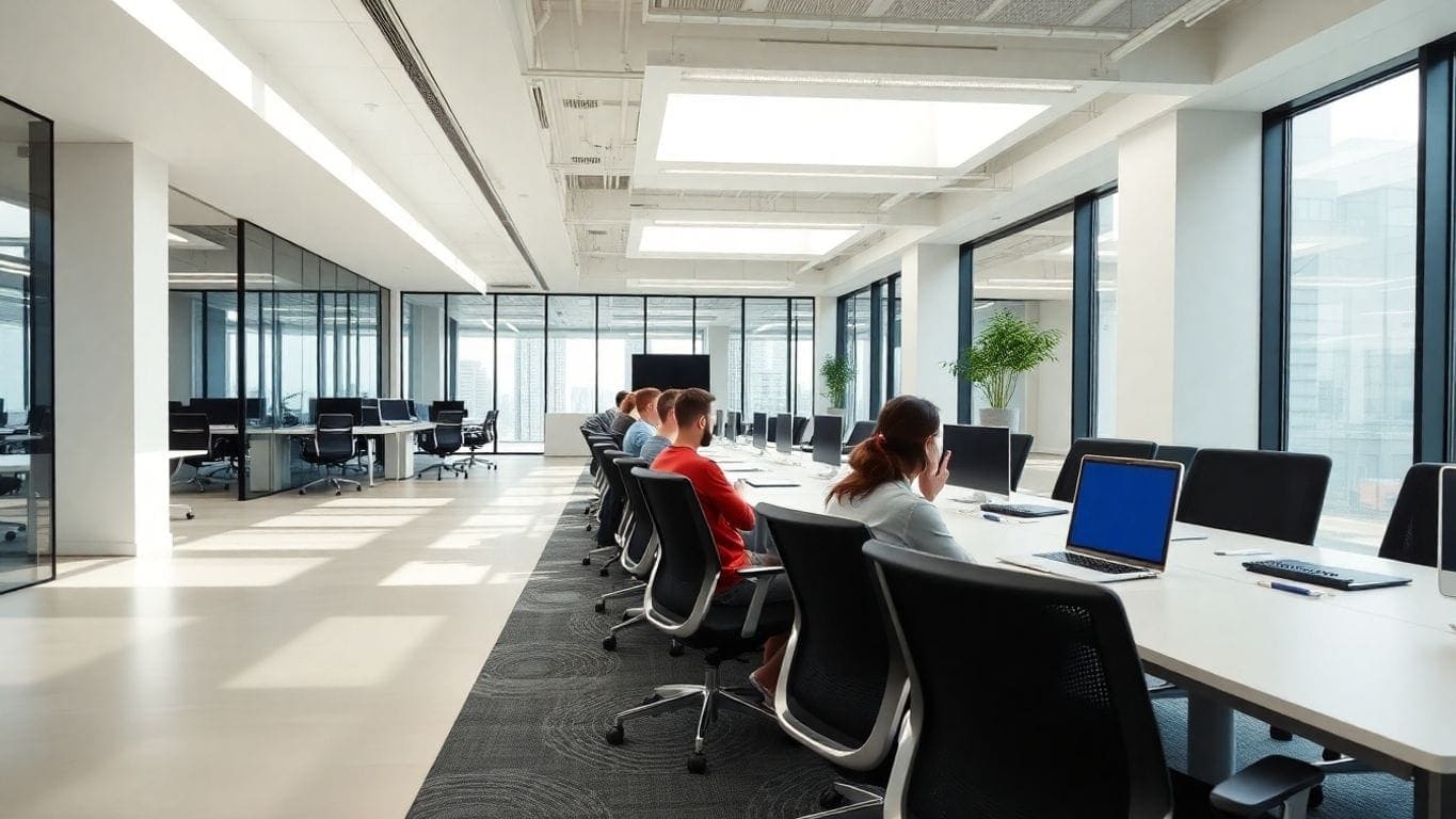 Modern office environment promoting collaboration and systems thinking.