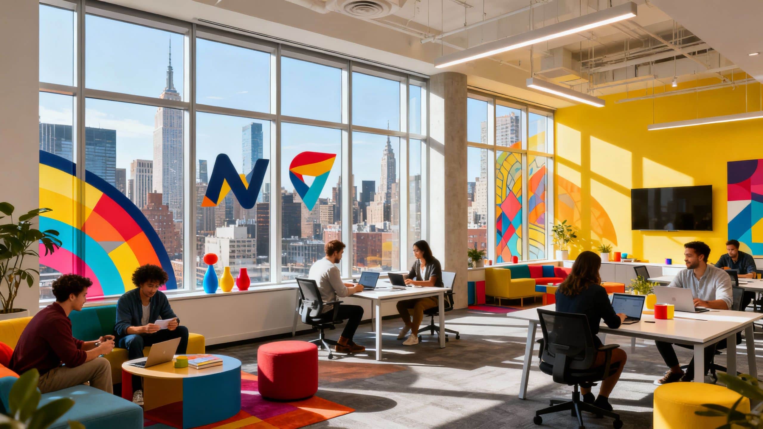 Modern office with vibrant branding and city view