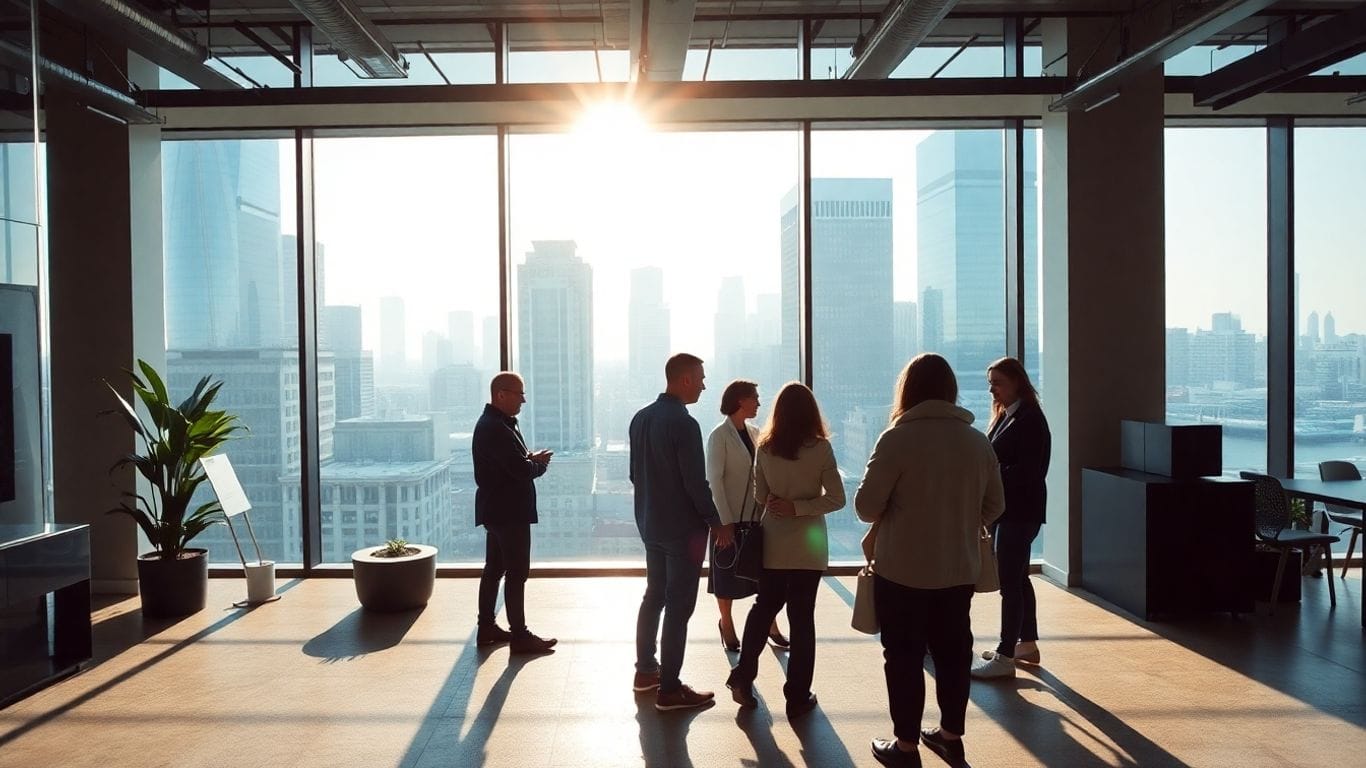 Modern office with collaborative team and prominent company logo