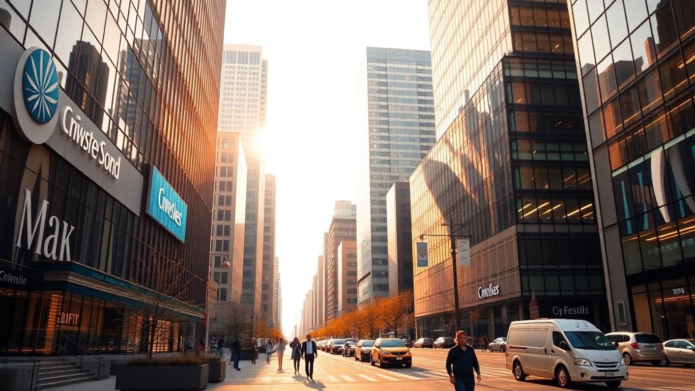 City offices with glowing logos and few pedestrians nearby