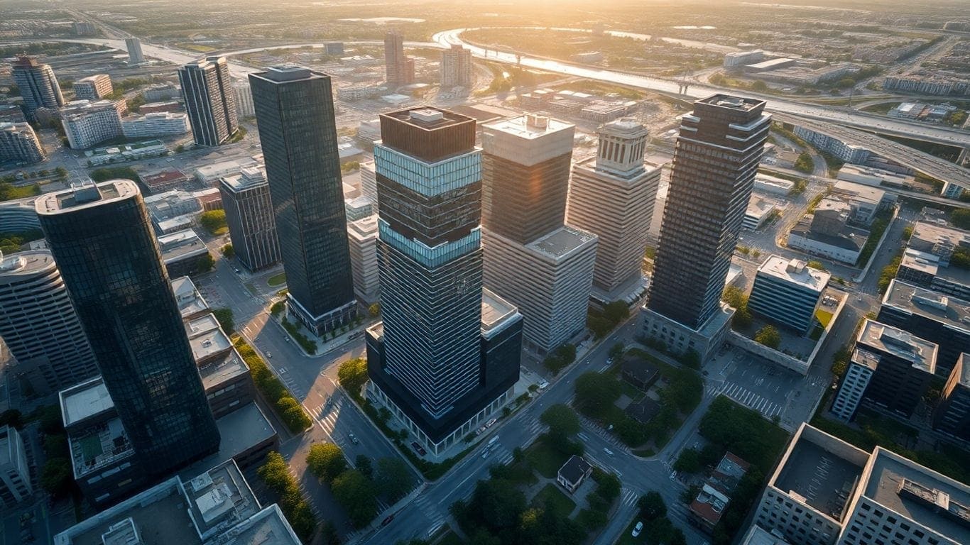 Modern office buildings in a vibrant cityscape at sunrise