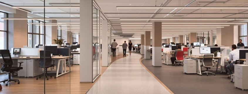 Modern office path merging into supportive workspace atmosphere
