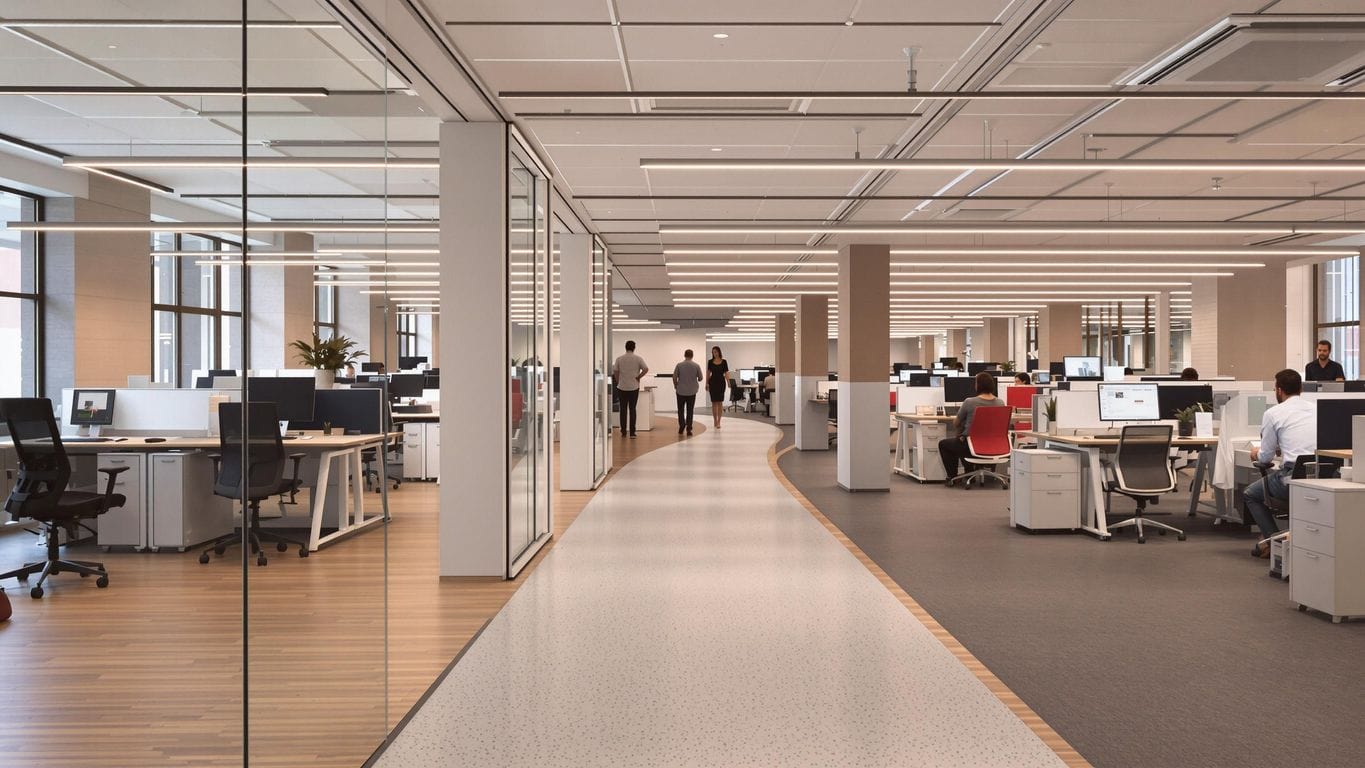 Modern office path merging into supportive workspace atmosphere