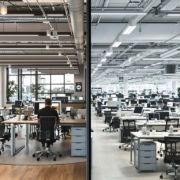 Modern office workspace expanding into large, vibrant business setting