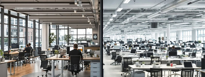 Modern office workspace expanding into large, vibrant business setting