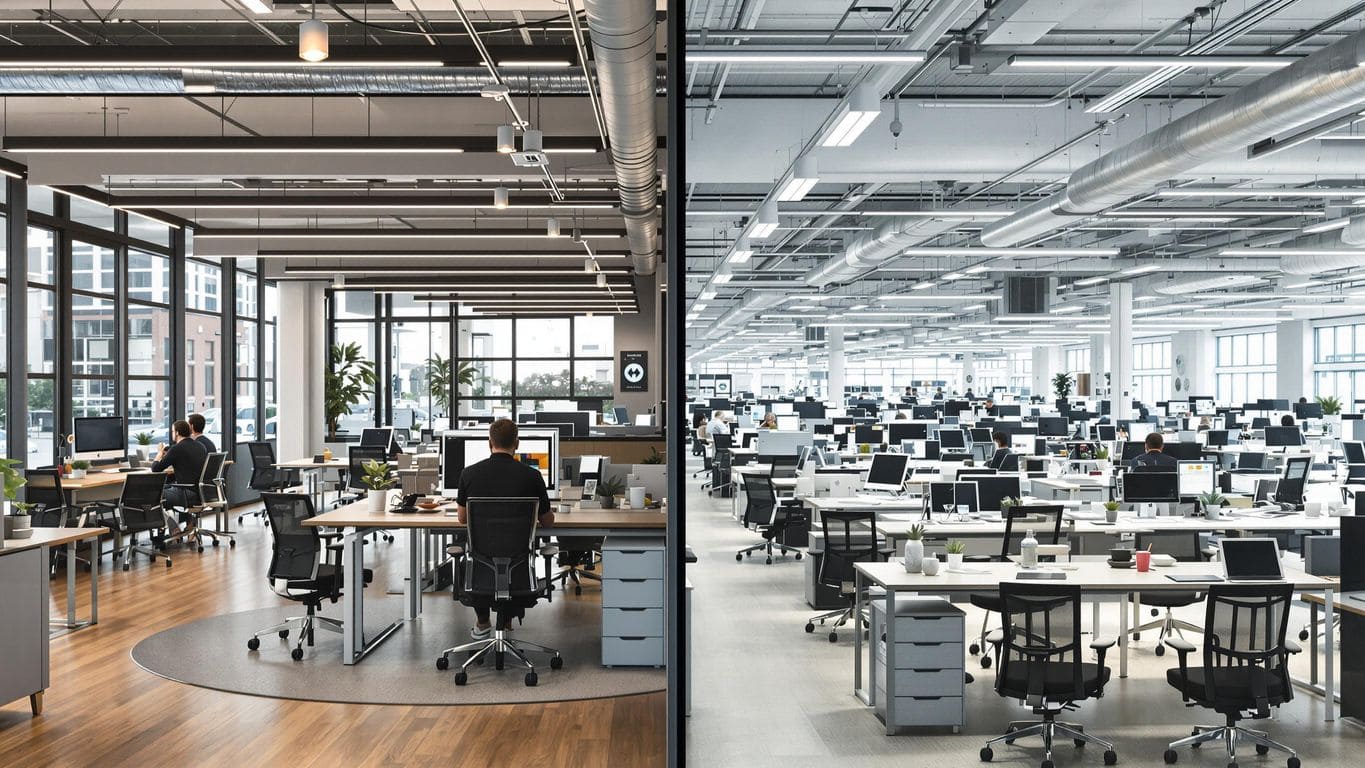 Modern office workspace expanding into large, vibrant business setting