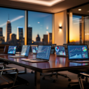 A modern conference room at sunset, with large windows revealing a city skyline. Laptops display charts and predictive analytics, while empty black chairs surround the table, hinting at a recent or upcoming business meeting.