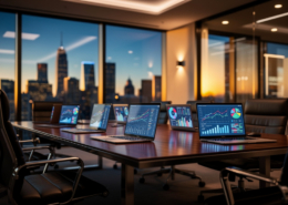 A modern conference room at sunset, with large windows revealing a city skyline. Laptops display charts and predictive analytics, while empty black chairs surround the table, hinting at a recent or upcoming business meeting.