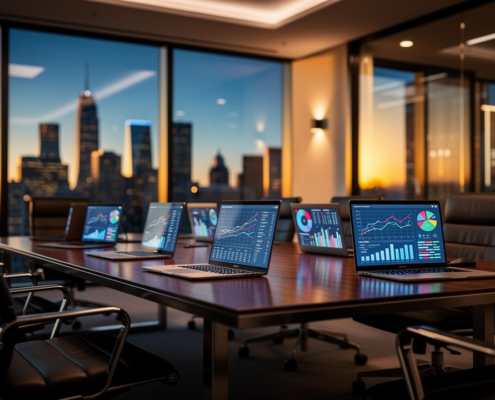 A modern conference room at sunset, with large windows revealing a city skyline. Laptops display charts and predictive analytics, while empty black chairs surround the table, hinting at a recent or upcoming business meeting.