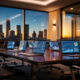 A modern conference room at sunset, with large windows revealing a city skyline. Laptops display charts and predictive analytics, while empty black chairs surround the table, hinting at a recent or upcoming business meeting.