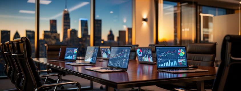 A modern conference room at sunset, with large windows revealing a city skyline. Laptops display charts and predictive analytics, while empty black chairs surround the table, hinting at a recent or upcoming business meeting.