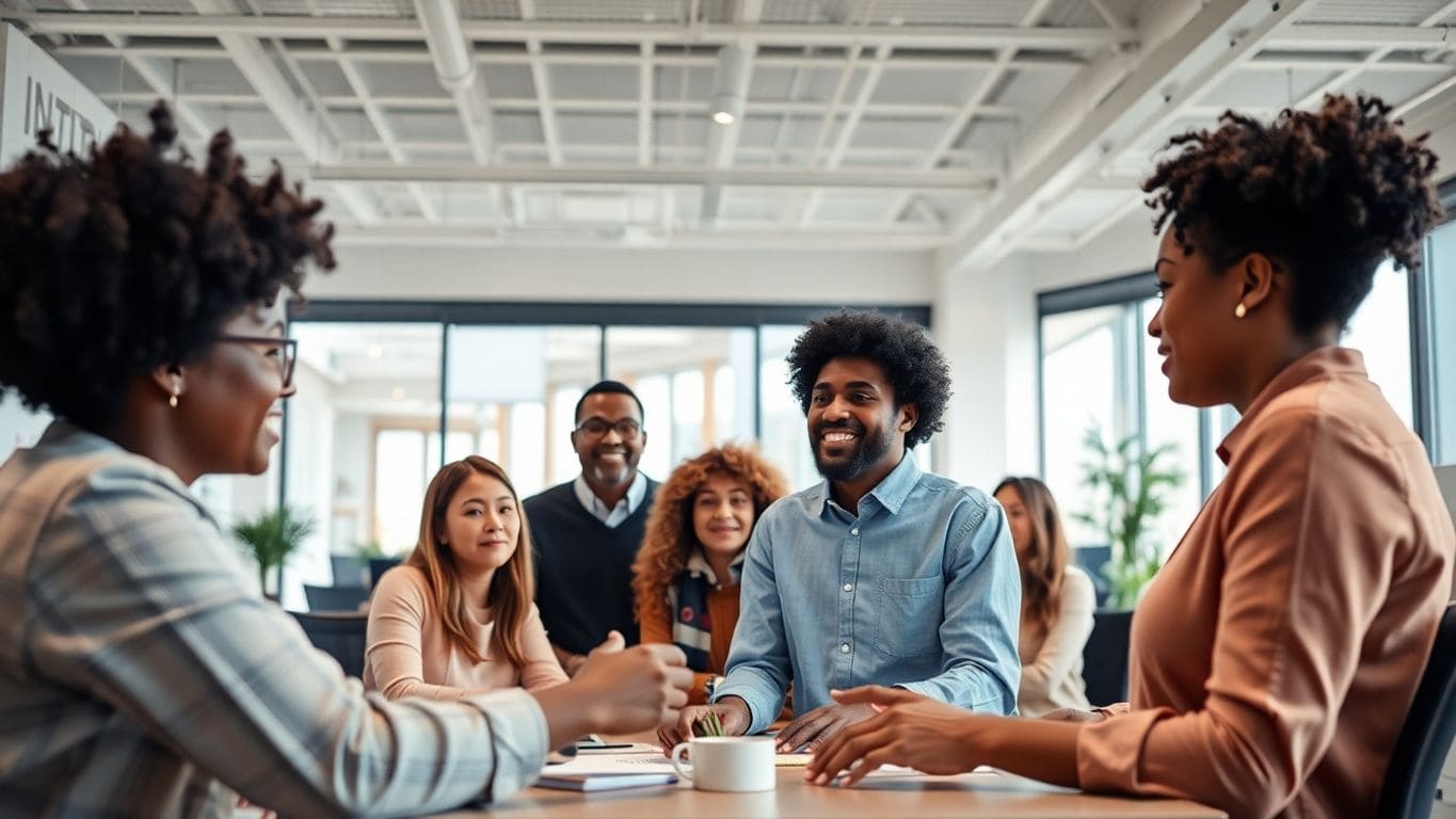 Diverse team collaborating in a modern office environment.