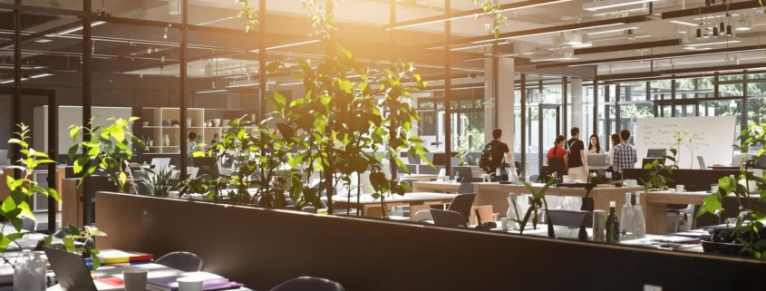 Modern open office with team collaborating and sunlight.